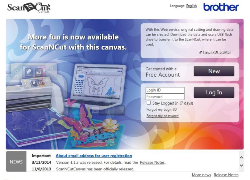 Brother Scan N Cut Canvas Design Suite - Log In Page