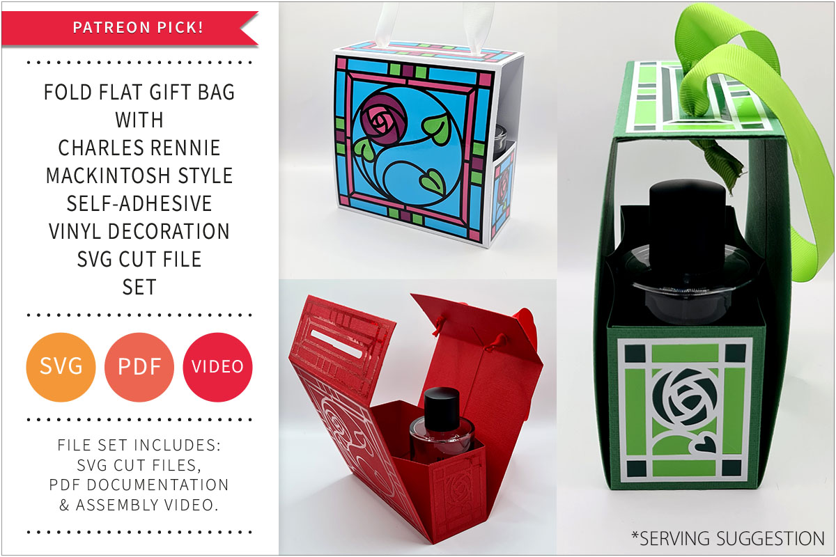Fold Flat Gift Bag with Charles Rennie Mackintosh Style Decoration SVG Cut File&nbsp;Set