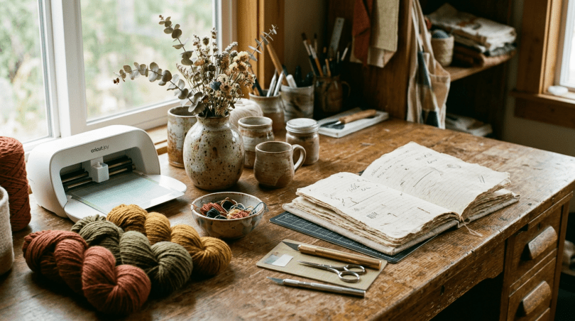 Craft table with yarn, Cricut machine, tools, dried flowers, and open notebook