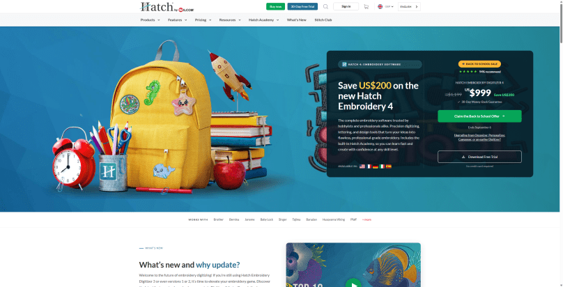 An image showing the Hatch Embroidery website detailing the Back to School sale.
