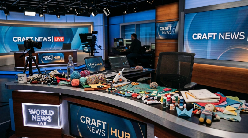 Craft News Live, Craft News Hub, Crafting with Claire, and World News Live displays surround a crafting host.