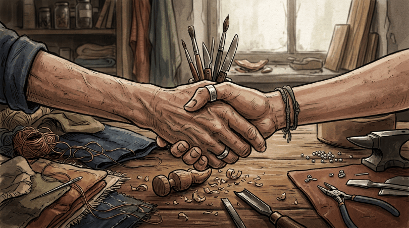 Two craftspeople exchanging a hand tool across a workshop table