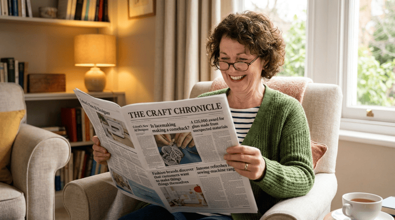 Happy woman reading craft newspaper