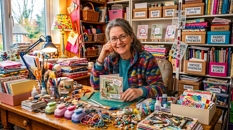 Woman looking overwhelmed at a cluttered craft table surrounded by sewing supplies